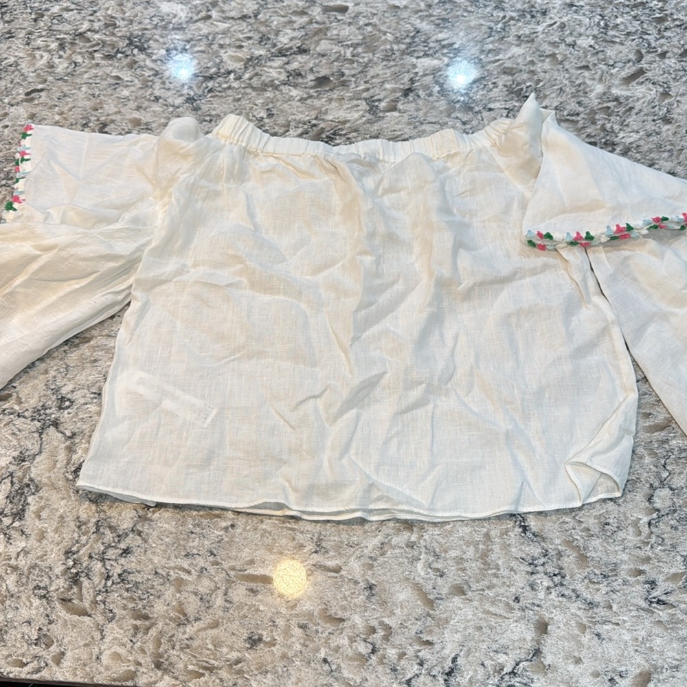 Zara | Off the Shoulder Linen Bell Sleeve Blouse in White Size M Medium - Picture 11 of 11